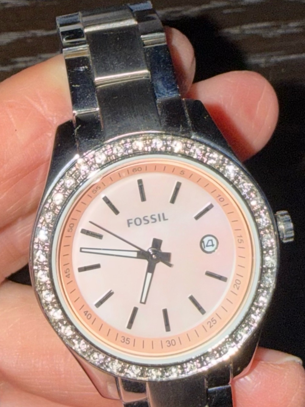 Fossil Silver-Tone Ladies Watch with Blush Pink Dial and Crystal Bezel